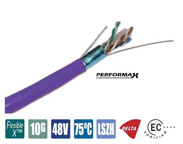 CAble de red Lanpro Performax, blindado CAT 6A F/UTP con chaqueta color violeta tipo LSZH con baja emisión de humo y cero galógenos.